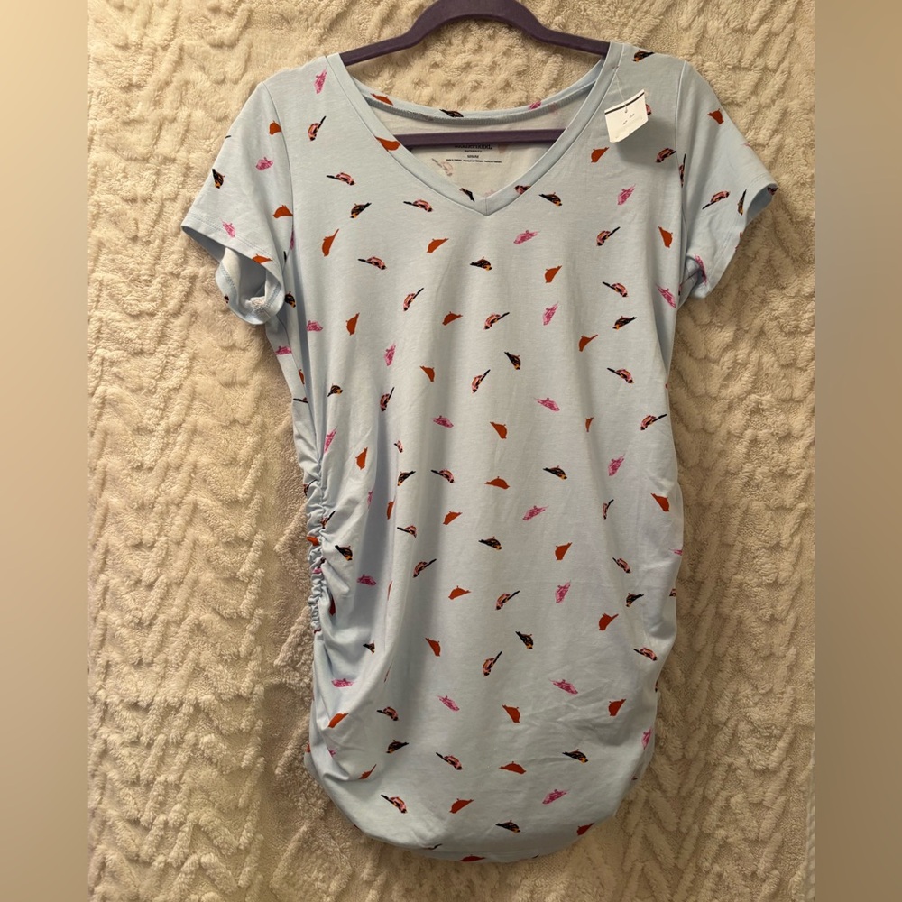 MATERNITY Top Motherhood Maternity Baby Blue V-Neck Top with Bird Print Size Med